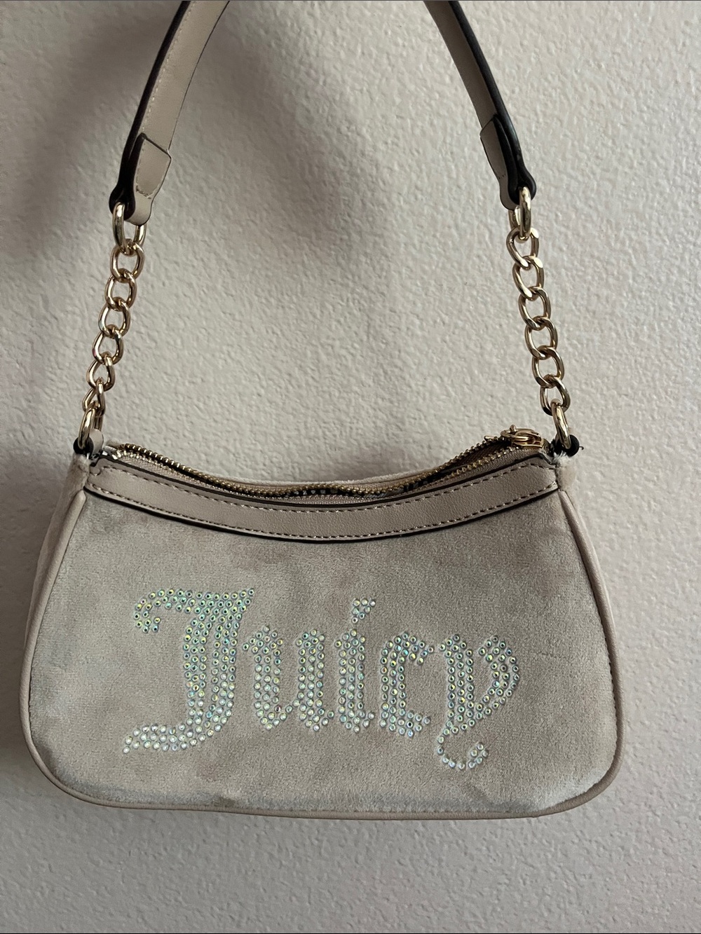 Juicy Couture Beige Suede Rhinestone Logo Shoulder Bag with Gold Chain